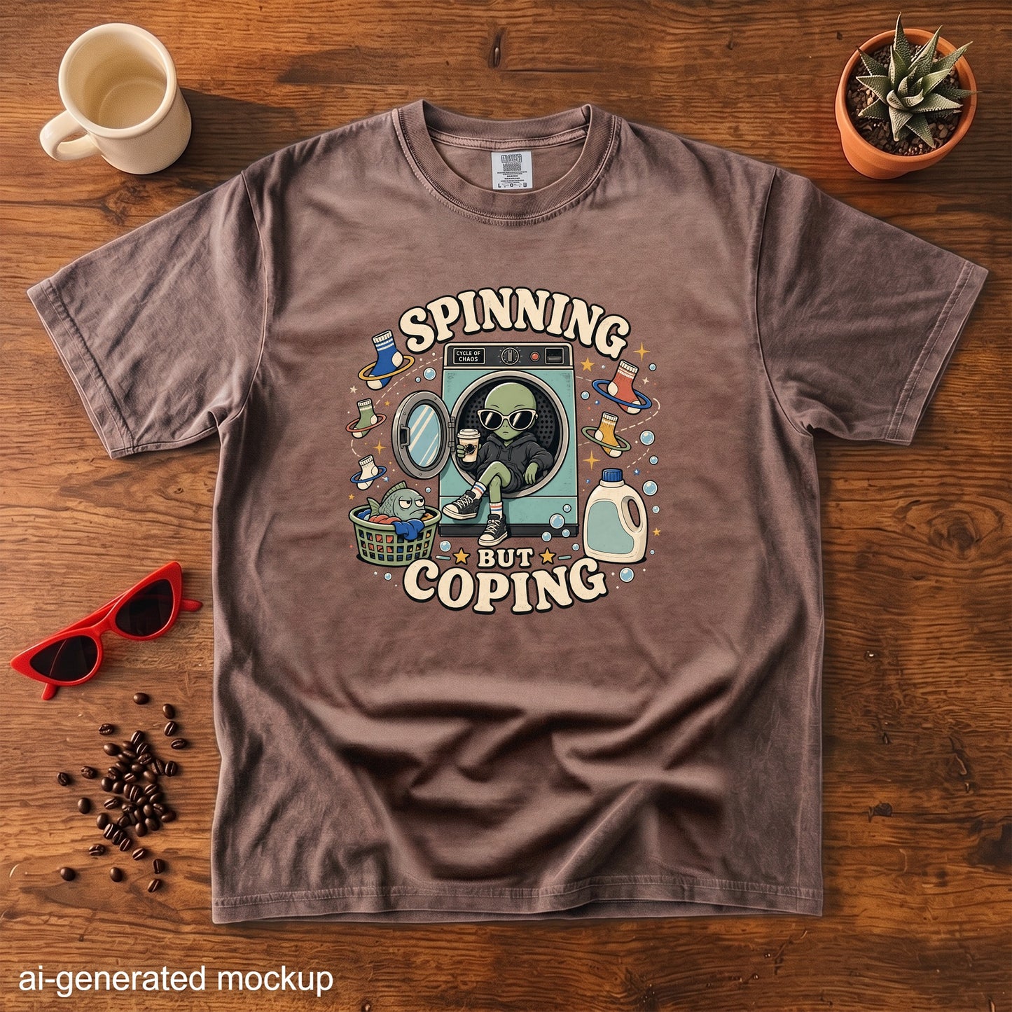 Brown t-shirt with graphic of alien in dryer, text "Spinning But Coping".