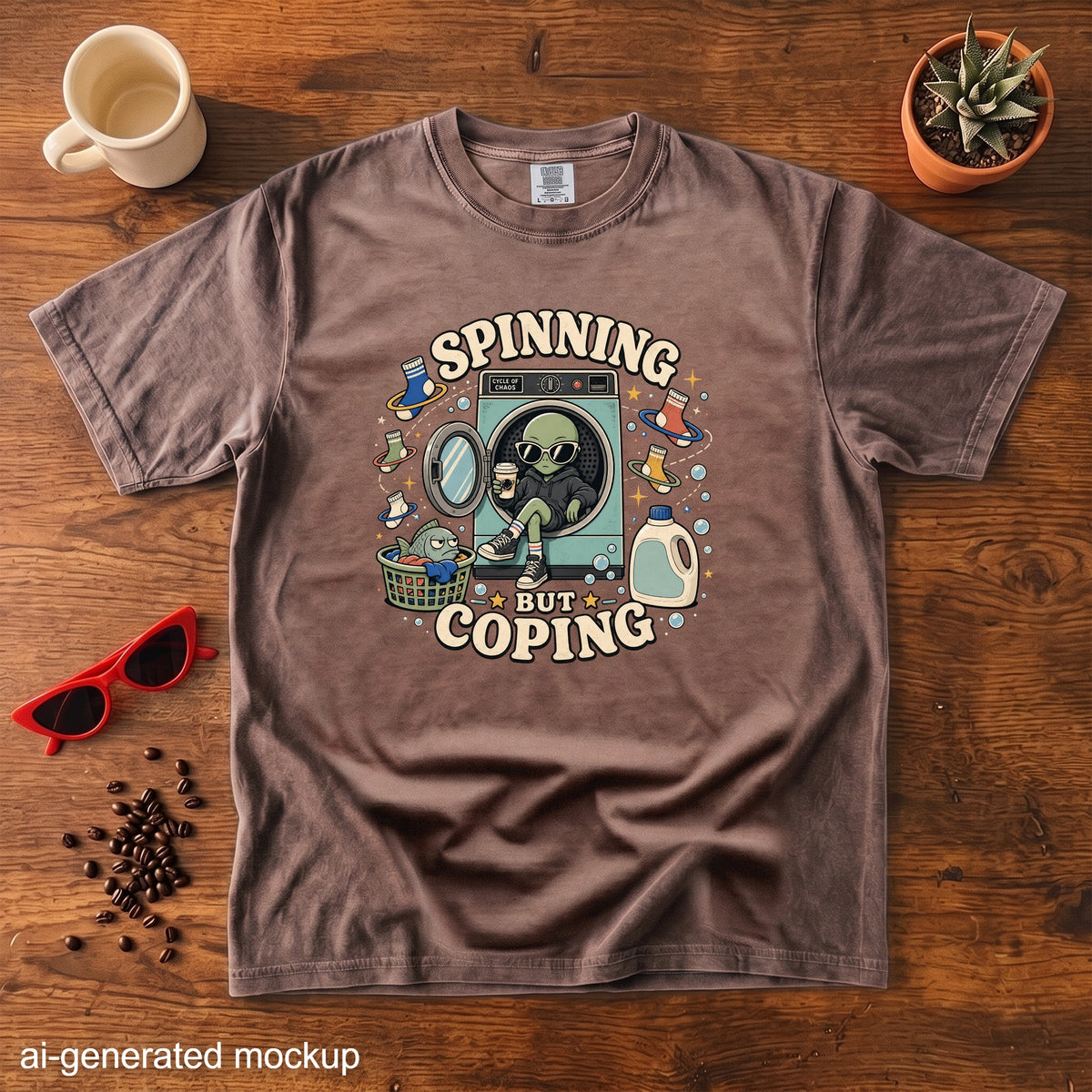 Brown t-shirt with graphic of alien in dryer, text "Spinning But Coping".