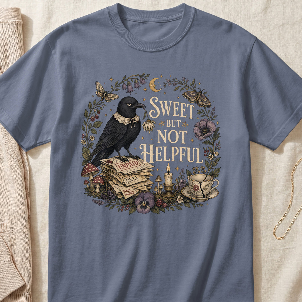 Crow on unpaid bills with text "Sweet But Not Helpful" and floral border.