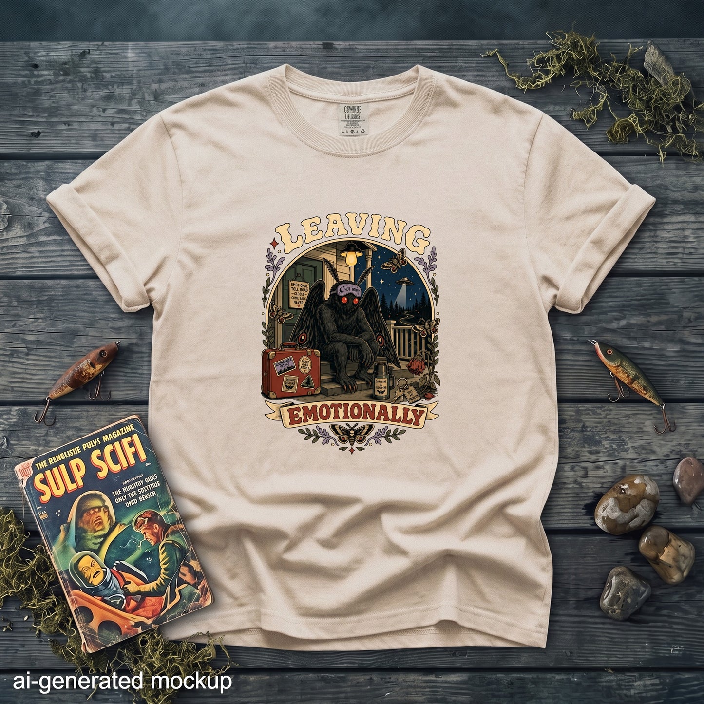 Beige t-shirt with "Leaving Emotionally" graphic of a mothman sitting on porch steps with suitcase.