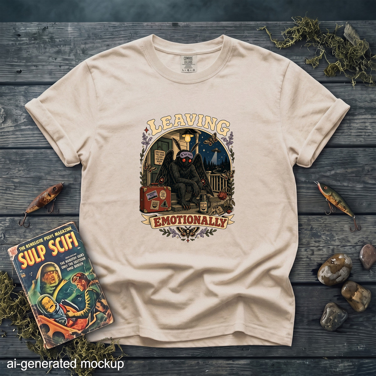 Beige t-shirt with "Leaving Emotionally" graphic of a mothman sitting on porch steps with suitcase.