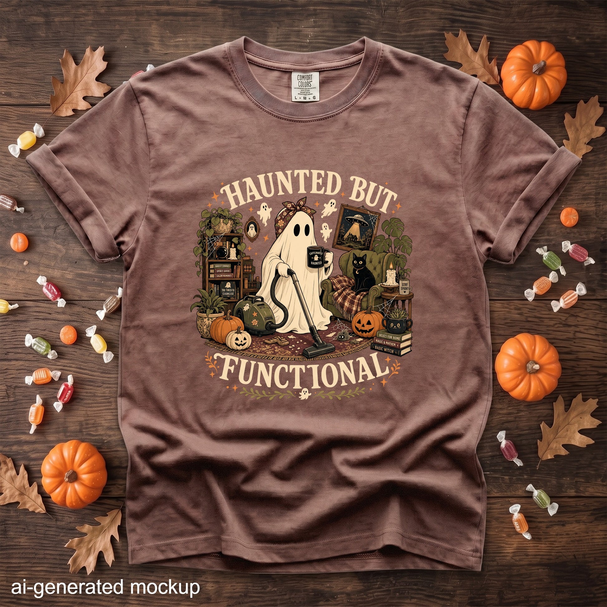 Brown t-shirt with a ghost vacuuming, reading "Haunted but functional" text.