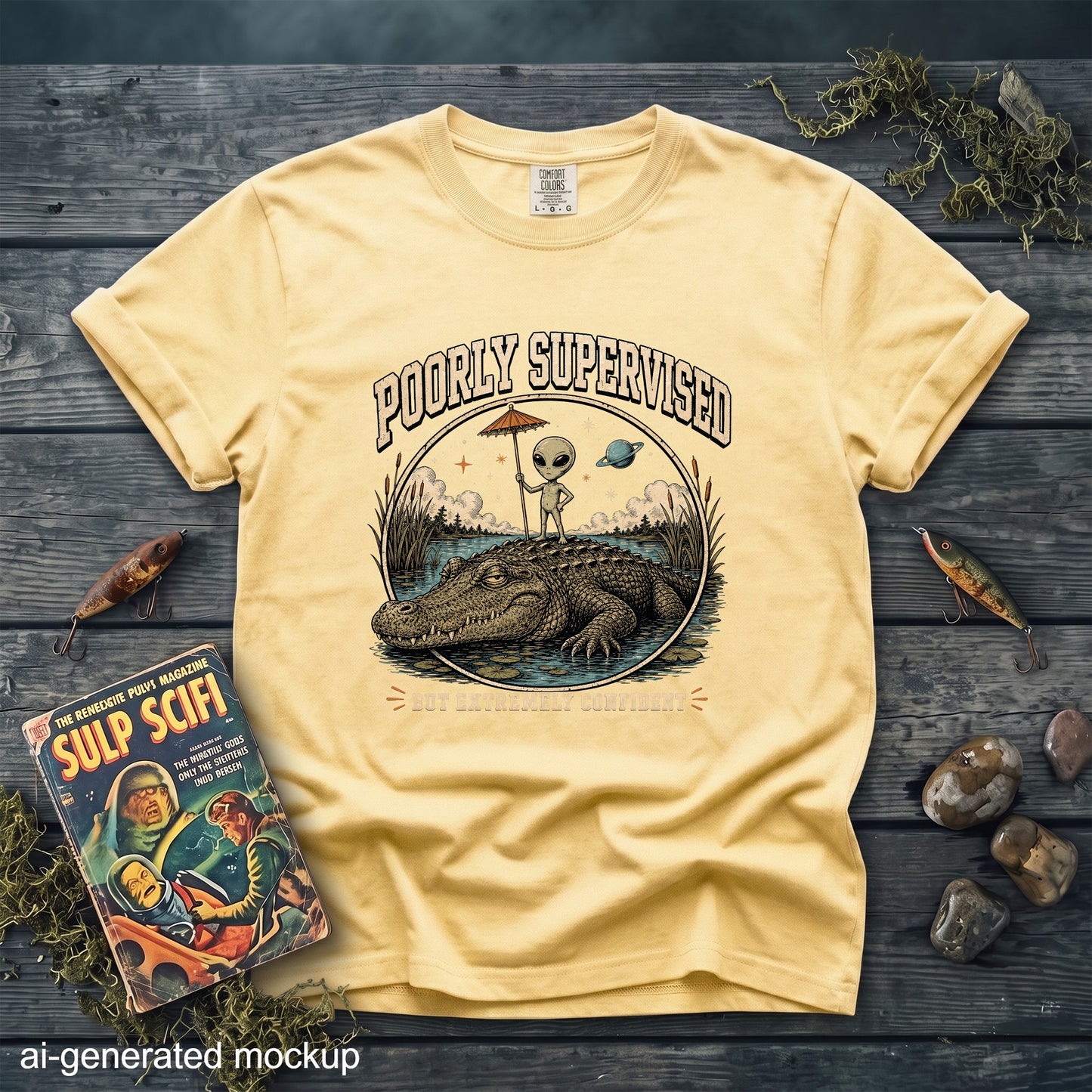 Yellow t-shirt with "Poorly Supervised" graphic of alien on alligator