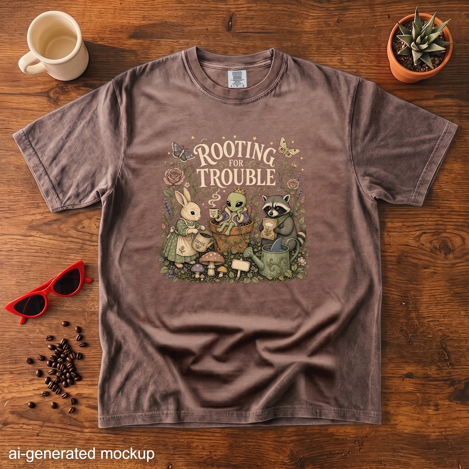 Brown t-shirt with "Rooting for Trouble" graphic of rabbit, alien, and raccoon.