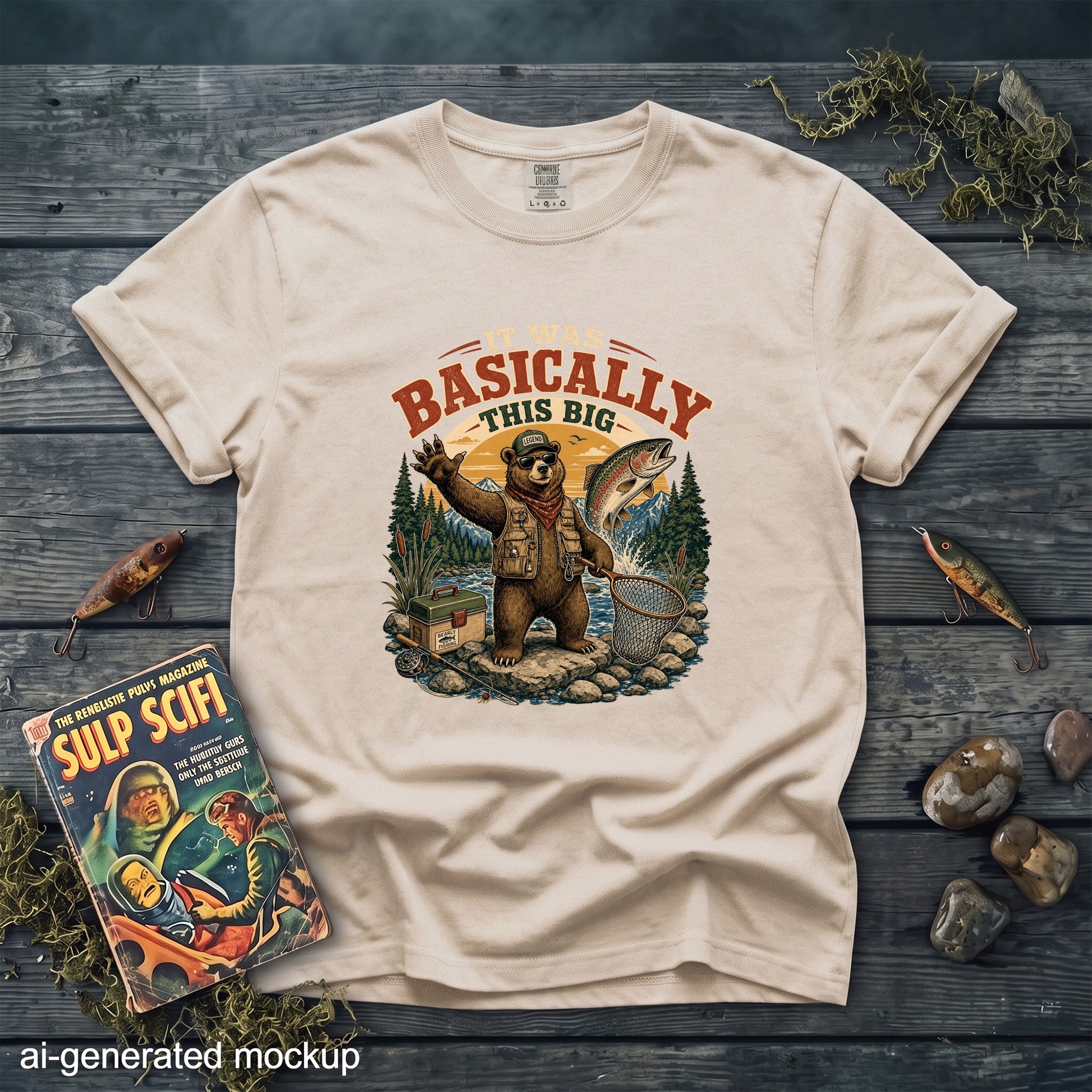 Bear fishing graphic with text "It was basically this big" on a tan t-shirt.