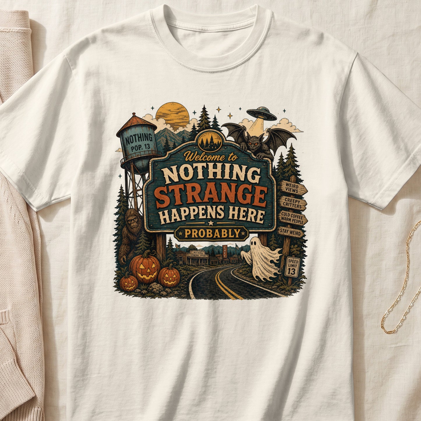 "Welcome to Nothing Strange Happens Here Probably" town sign with Bigfoot, pumpkins, ghost, bat.