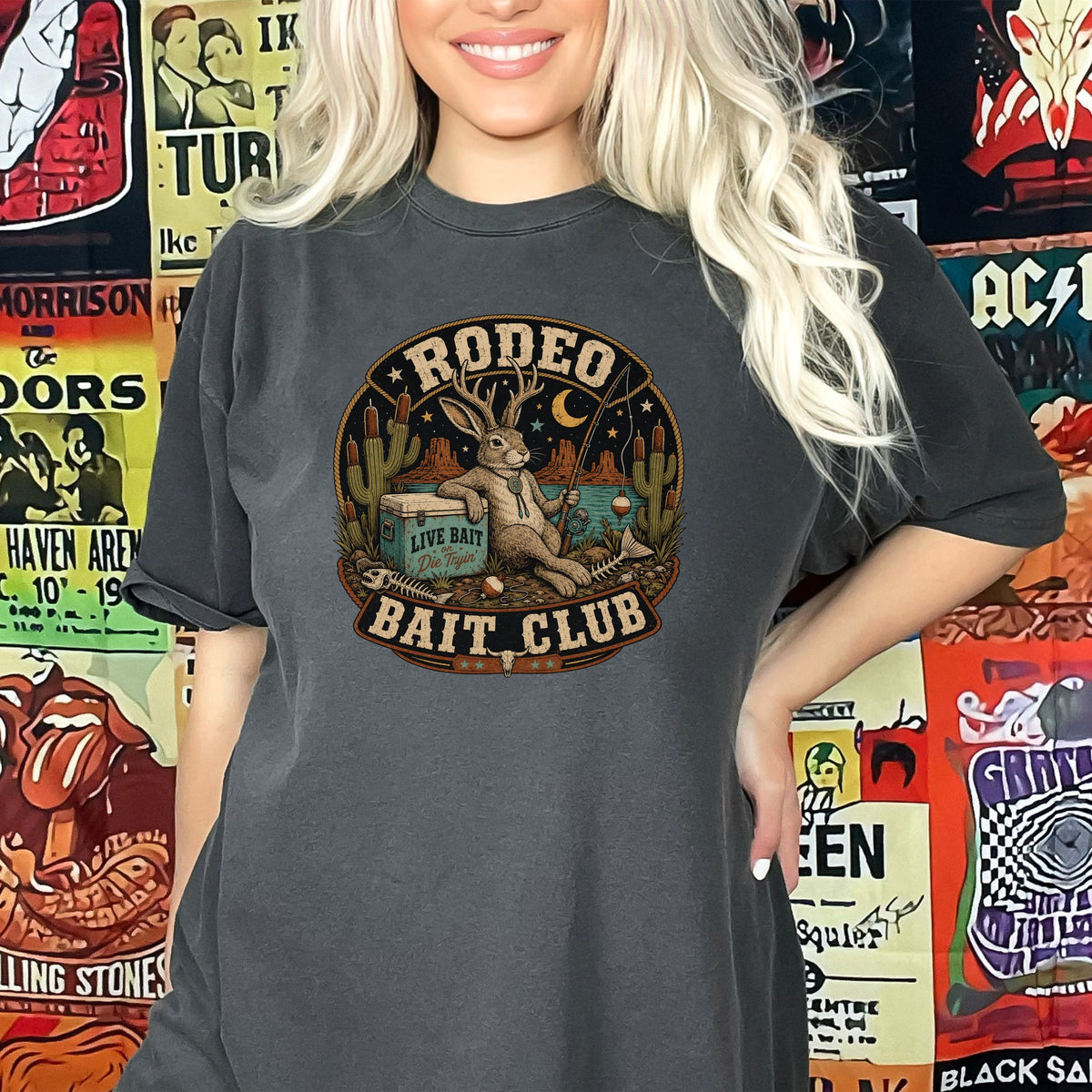 T-shirt with "Rodeo Bait Club" graphic featuring a rabbit fishing.