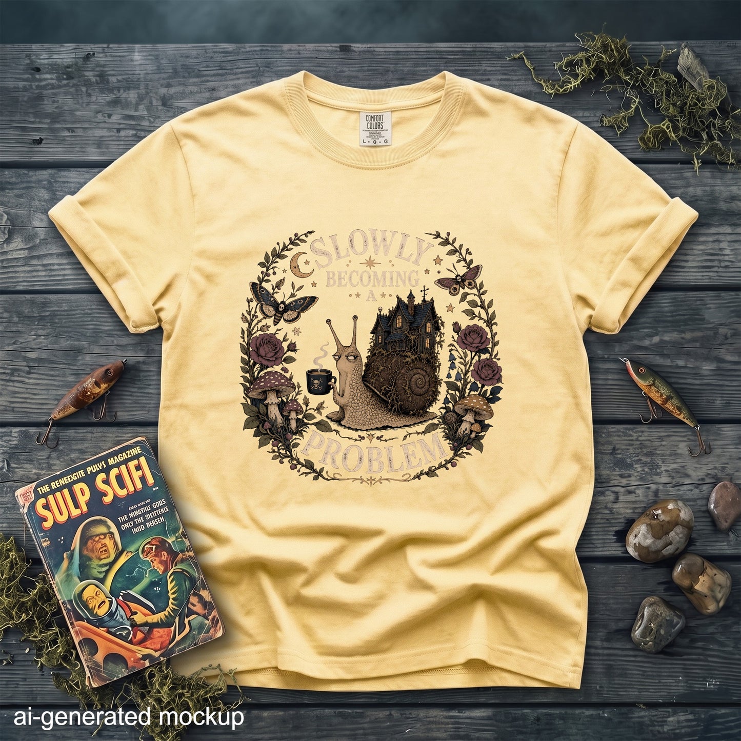 Yellow t-shirt with a snail, haunted house, and text "Slowly Becoming a Problem".