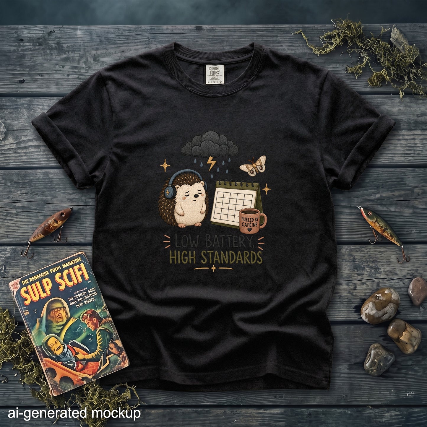 Black t-shirt with graphic of a tired hedgehog, calendar, and coffee mug.