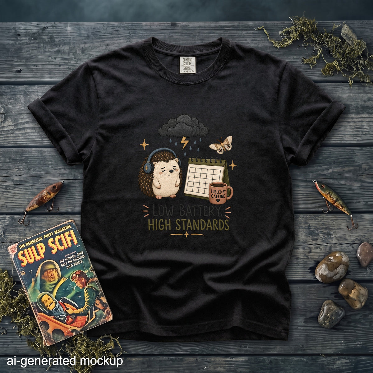 Black t-shirt with graphic of a tired hedgehog, calendar, and coffee mug.