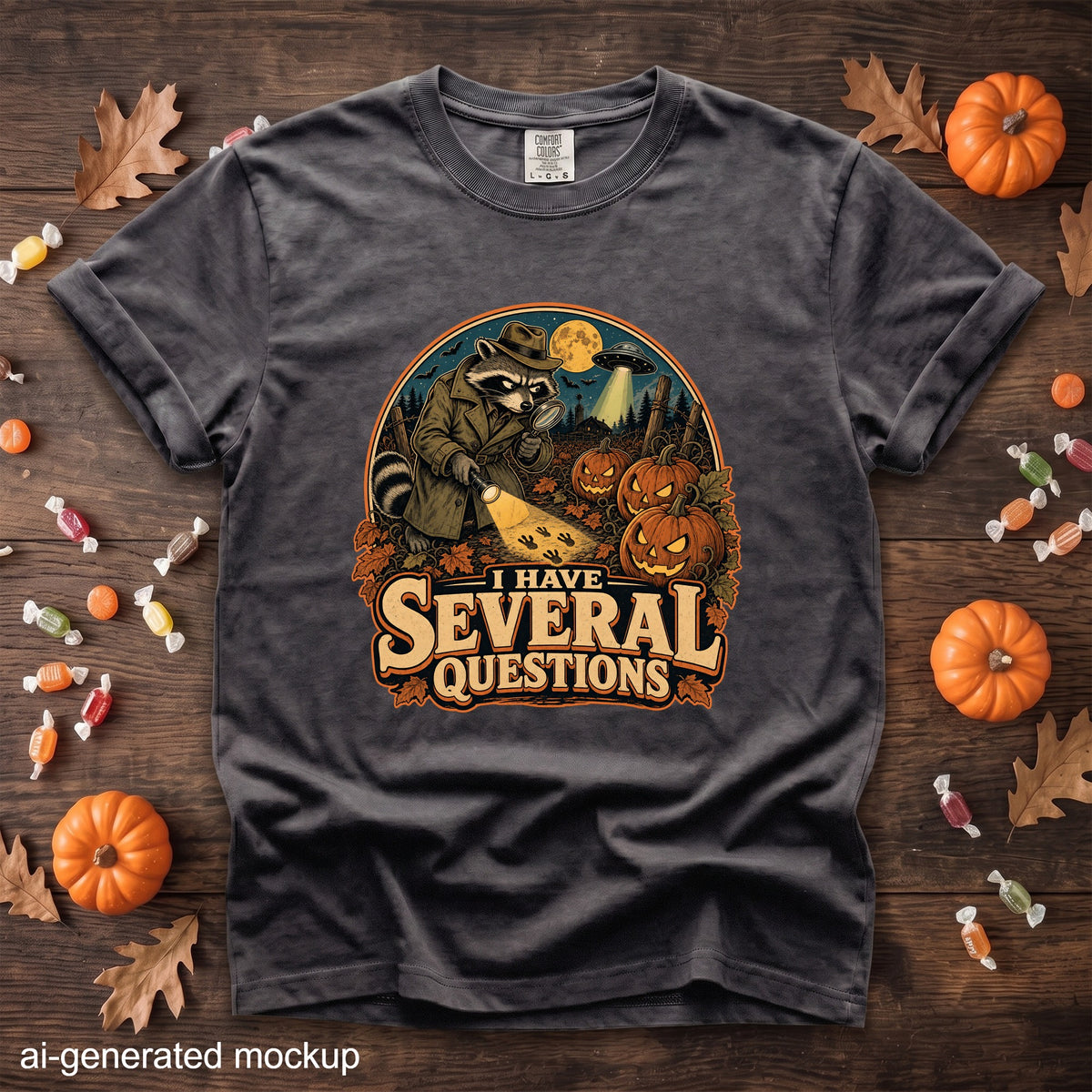 T-shirt graphic with raccoon detective, UFO, pumpkins, and text "I HAVE SEVERAL QUESTIONS".