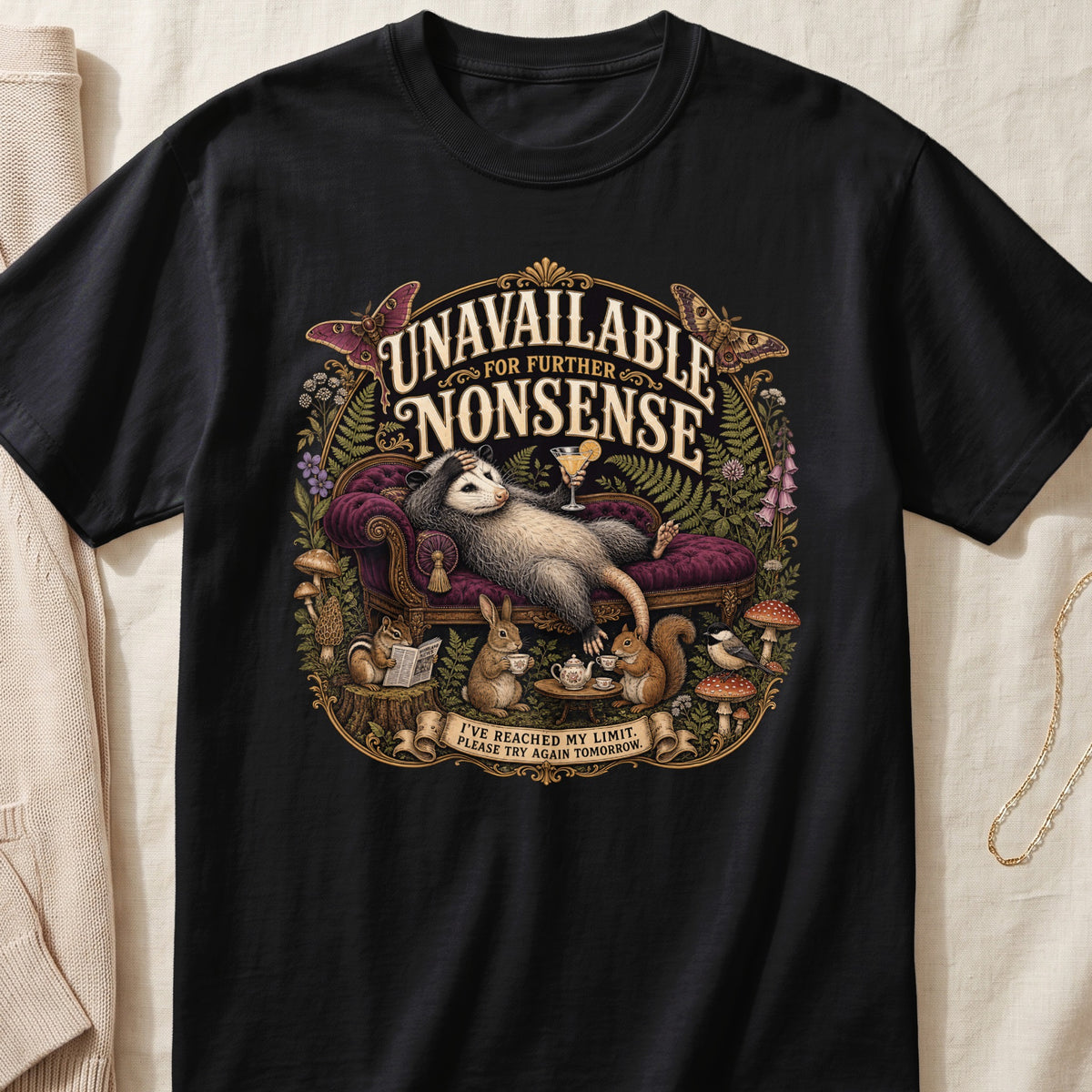 Opossum on couch with drink, text "Unavailable for Further Nonsense", woodland creatures.