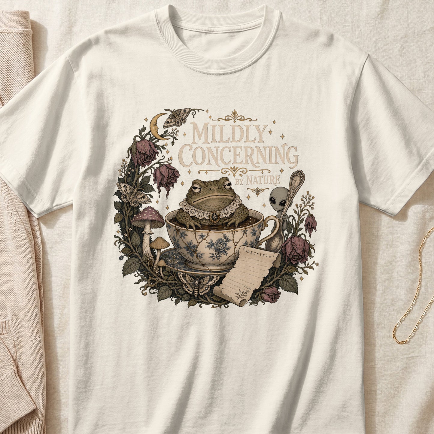 Toad in teacup with "Mildly Concerning By Nature" text and alien.