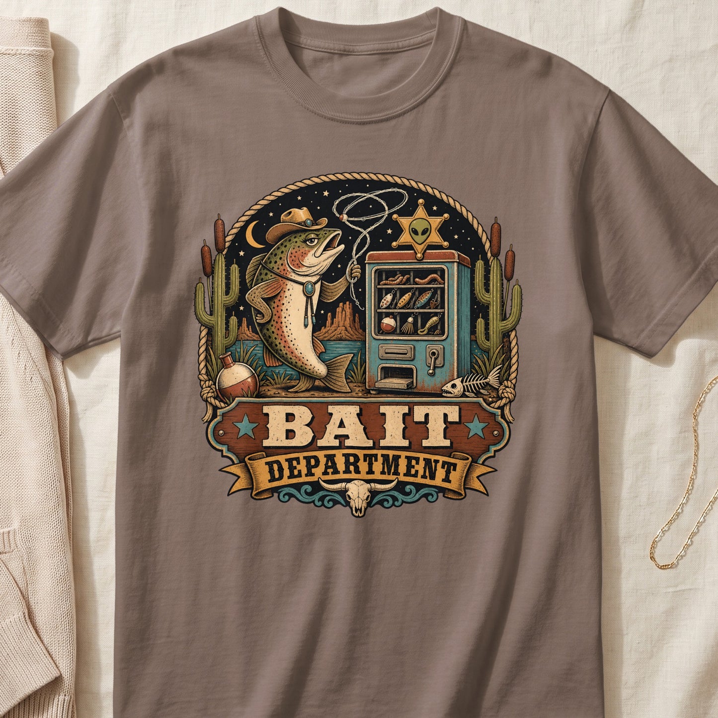 Brown t-shirt featuring a graphic of a cowboy fish holding a lasso next to a bait vending machine.