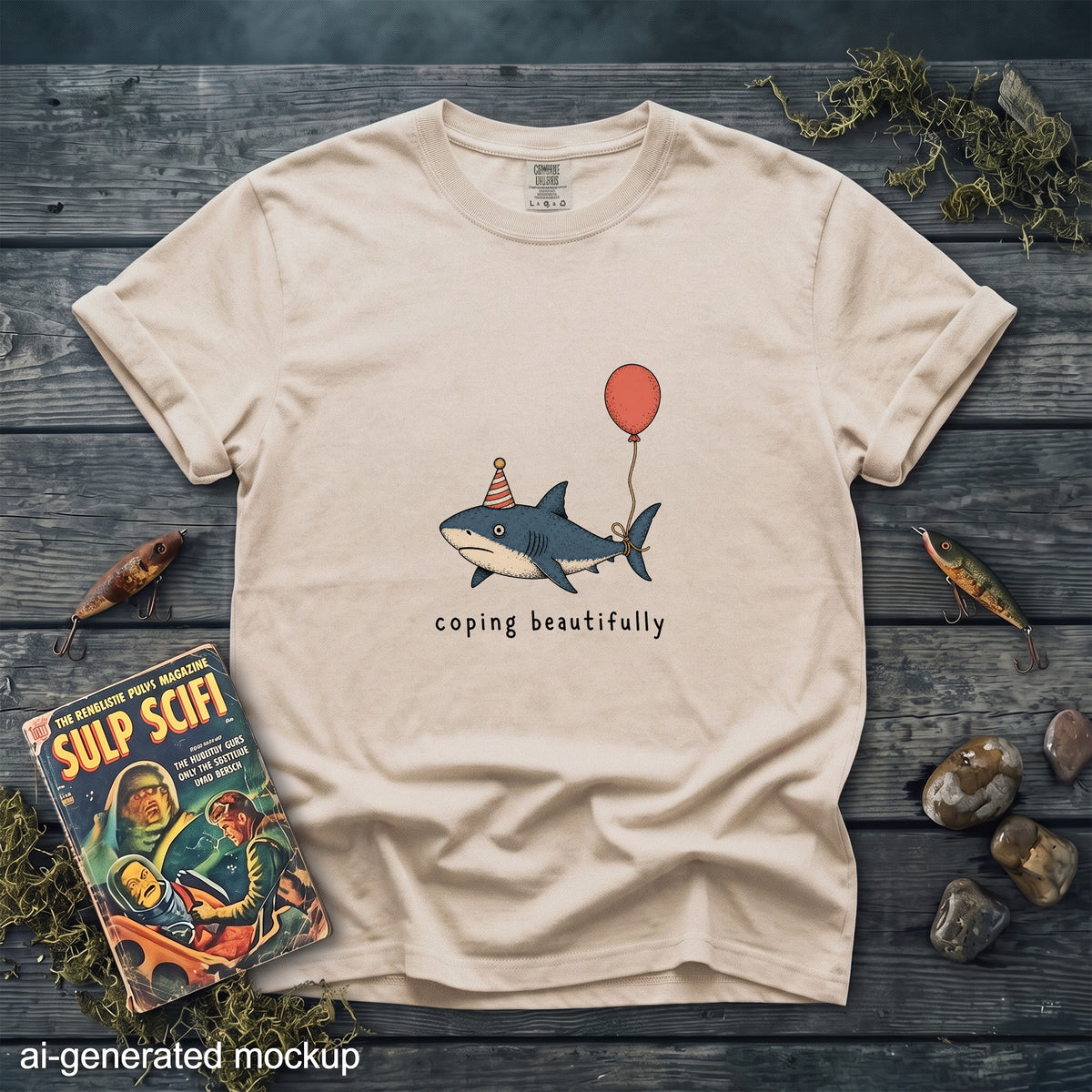 Light brown t-shirt with a cartoon shark wearing a party hat holding a balloon and text "coping beautifully".