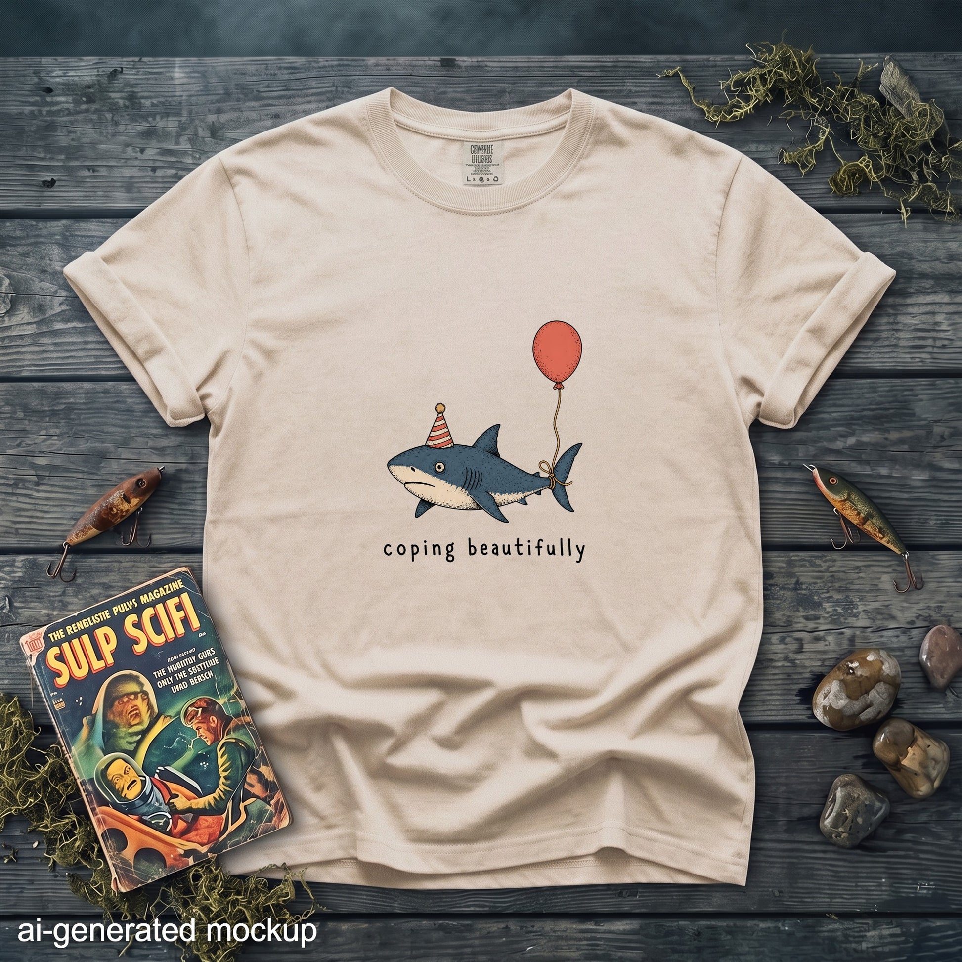 Light brown t-shirt with a cartoon shark wearing a party hat holding a balloon and text "coping beautifully".