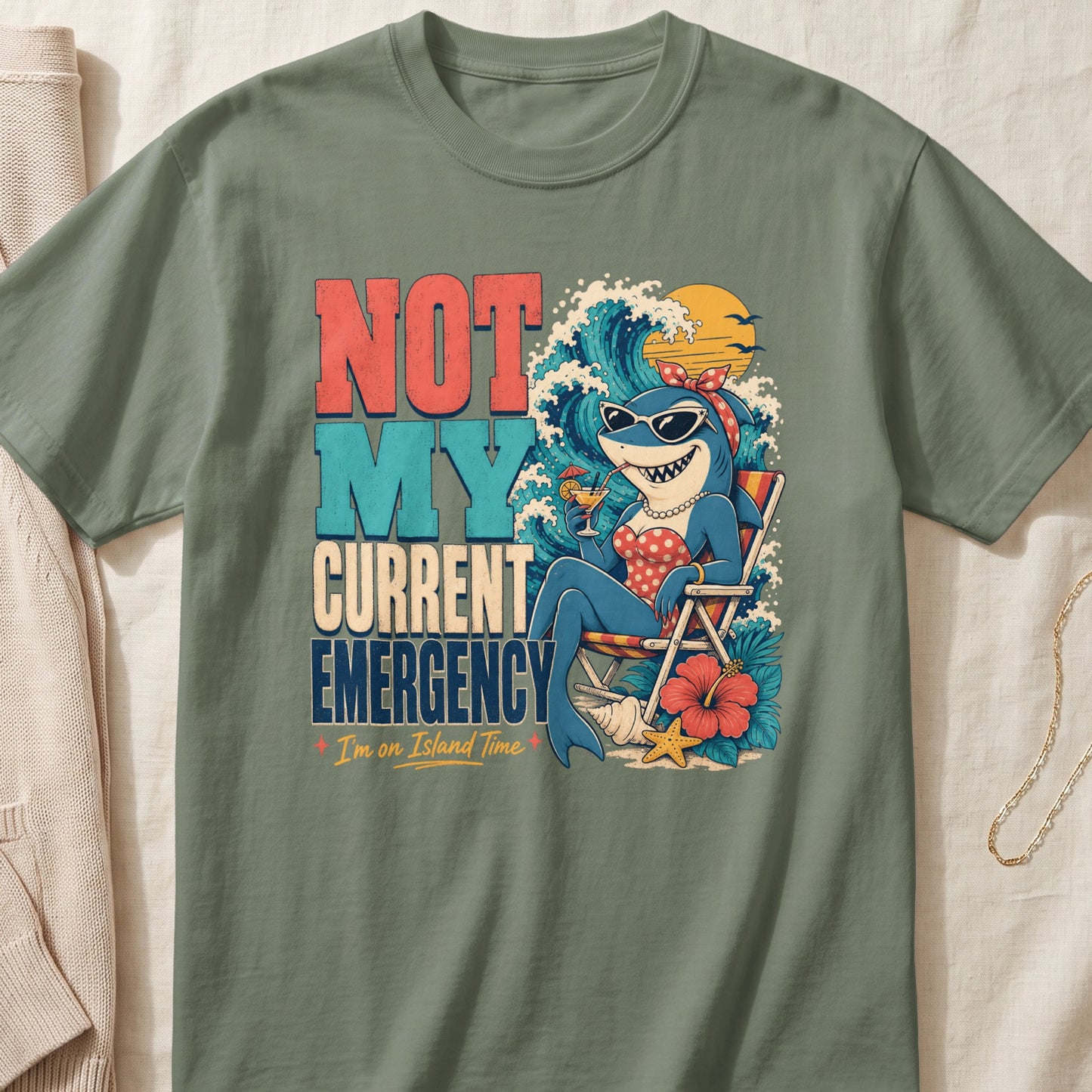 Shark relaxing on beach with text "Not My Current Emergency".