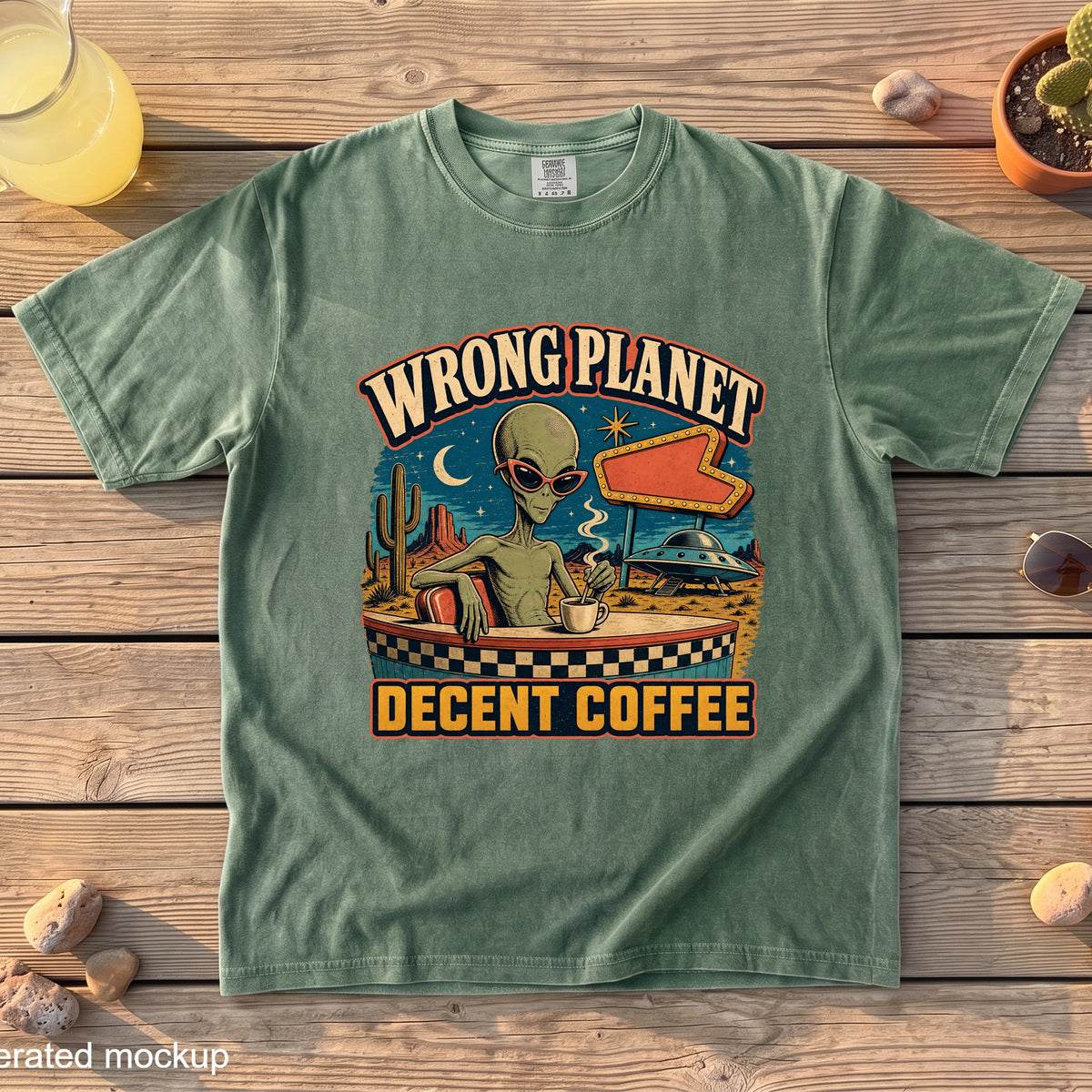 Green t-shirt with alien drinking coffee, "Wrong Planet Decent Coffee" text.