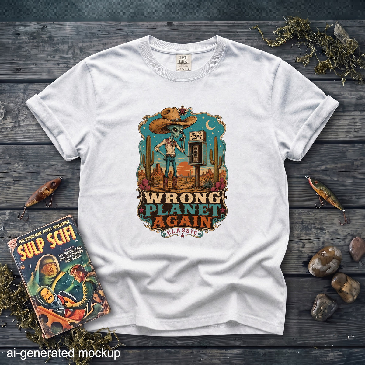 A white t-shirt featuring a graphic print of an alien cowboy using a payphone in a desert.