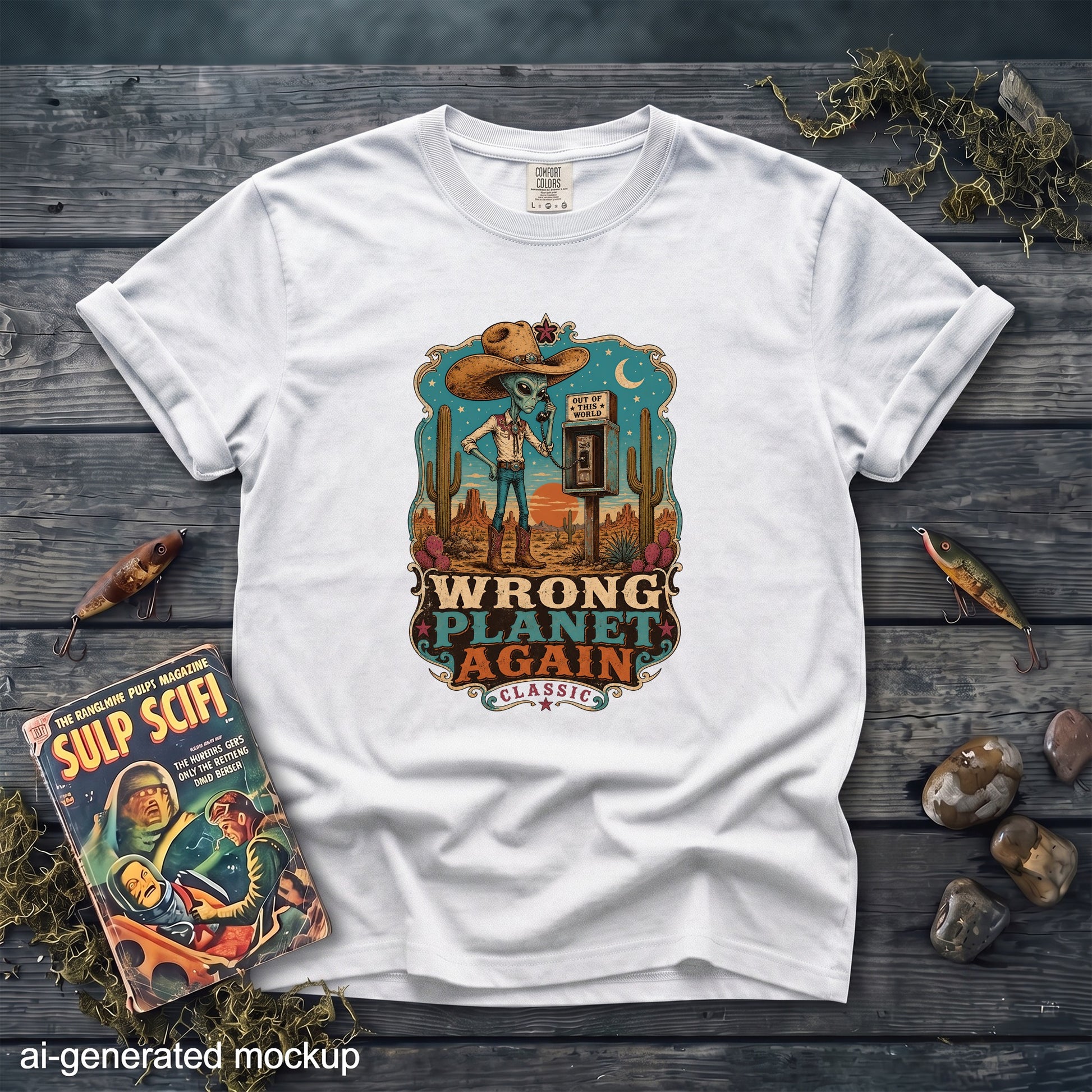 A white t-shirt featuring a graphic print of an alien cowboy using a payphone in a desert.