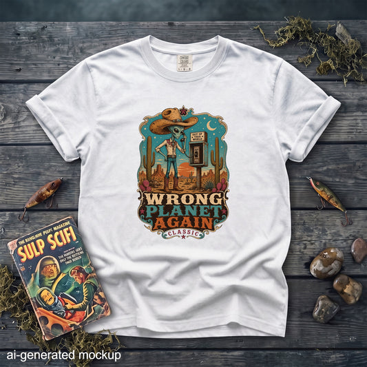 A white t-shirt featuring a graphic print of an alien cowboy using a payphone in a desert.