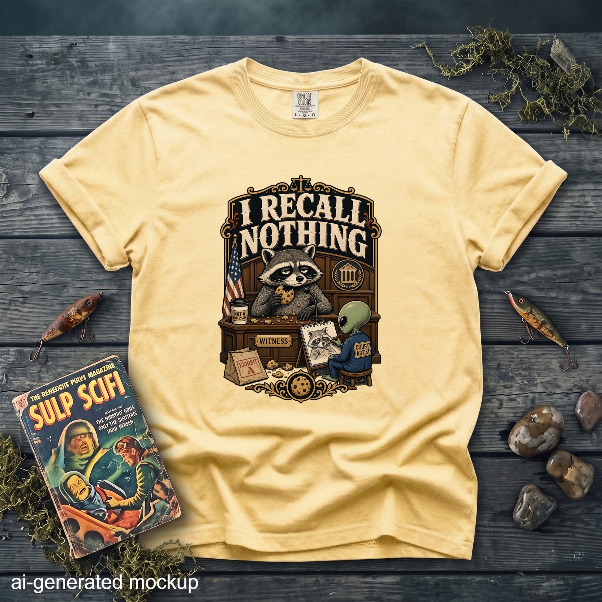 Yellow t-shirt with "I Recall Nothing" raccoon courtroom graphic and alien artist.