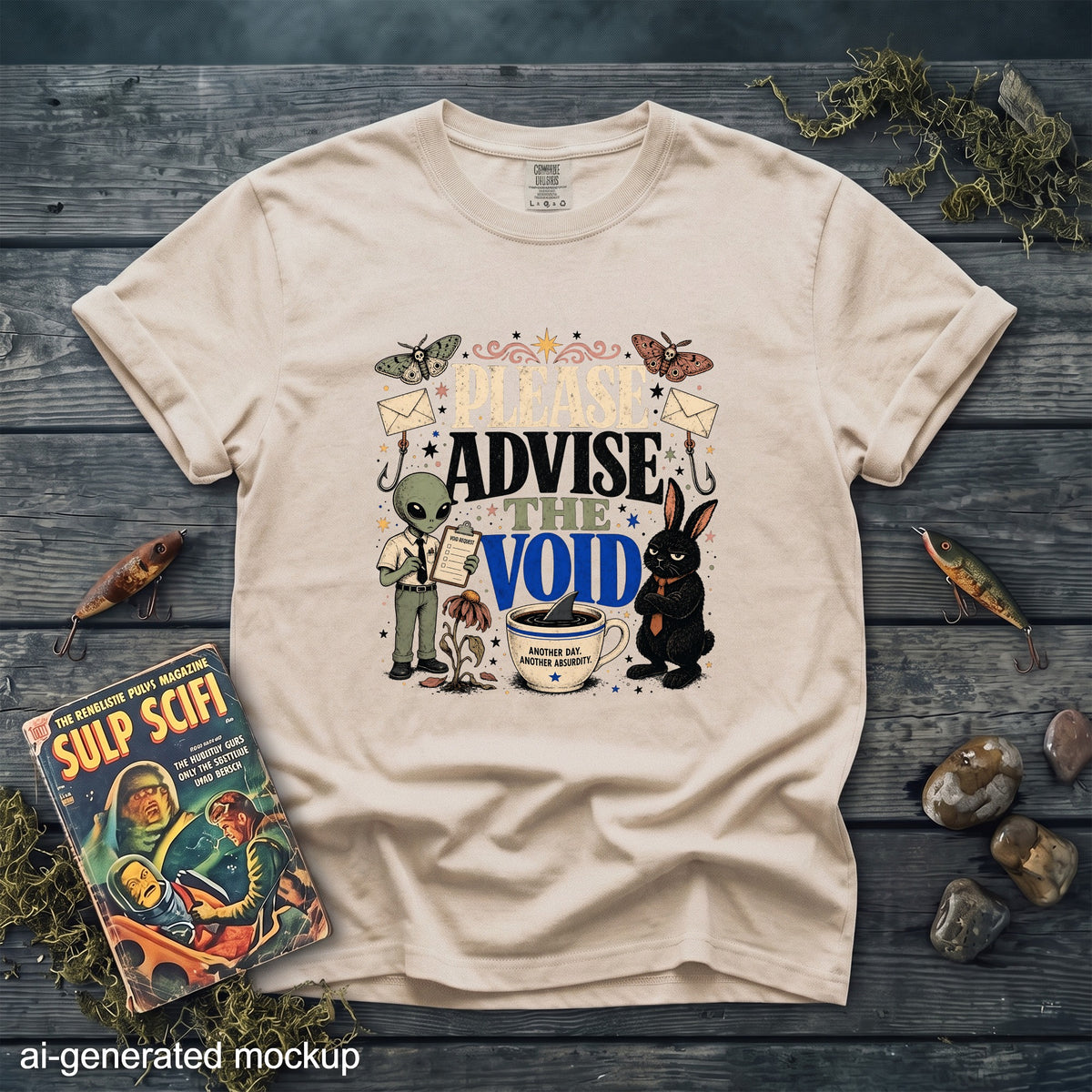 T-shirt with aliens, rabbits, moths, and text "Please Advise The Void."