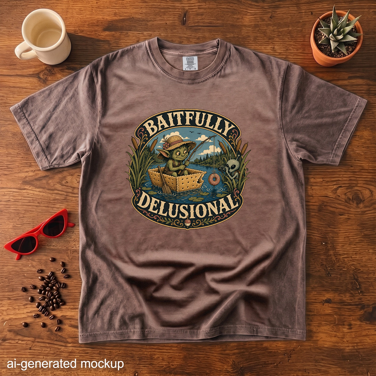 Brown t-shirt with "Baitfully Delusional" text and a graphic of a goblin fishing from a cracker boat.