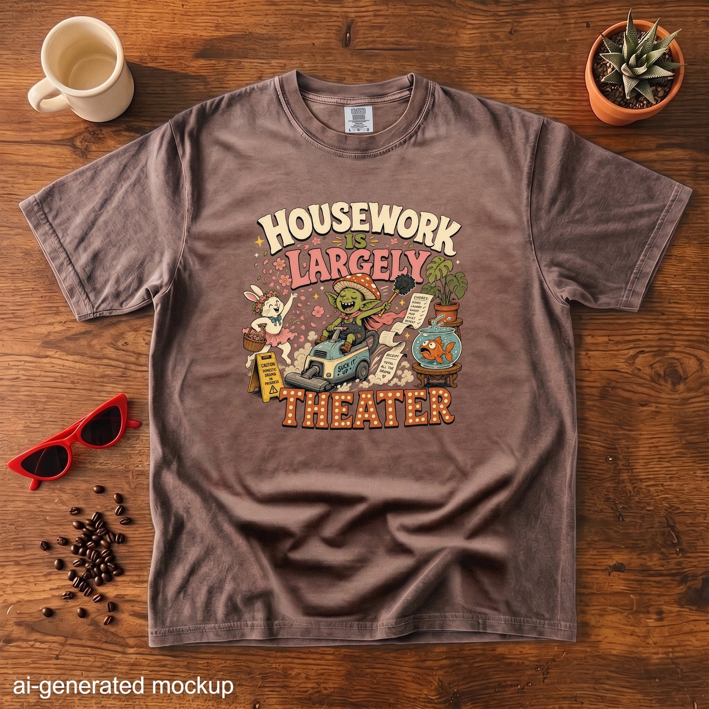 Brown t-shirt with "Housework is Largely Theater" graphic of a goblin on a vacuum.