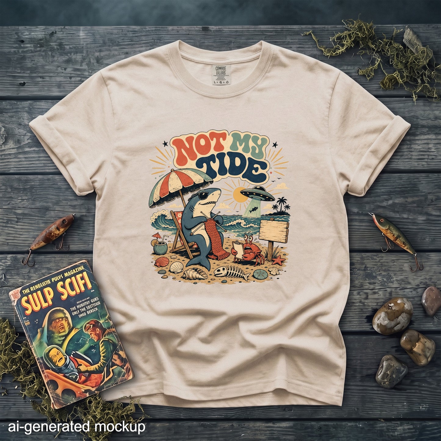 T-shirt with "Not My Tide" graphic featuring a shark knitting by the ocean.