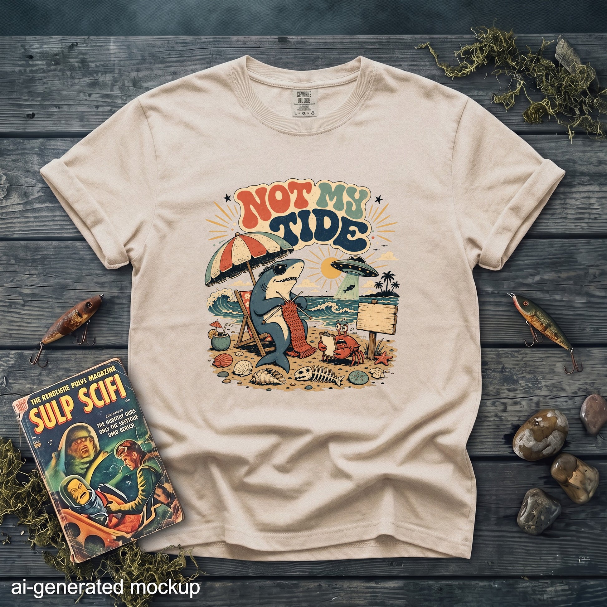 T-shirt with "Not My Tide" graphic featuring a shark knitting by the ocean.