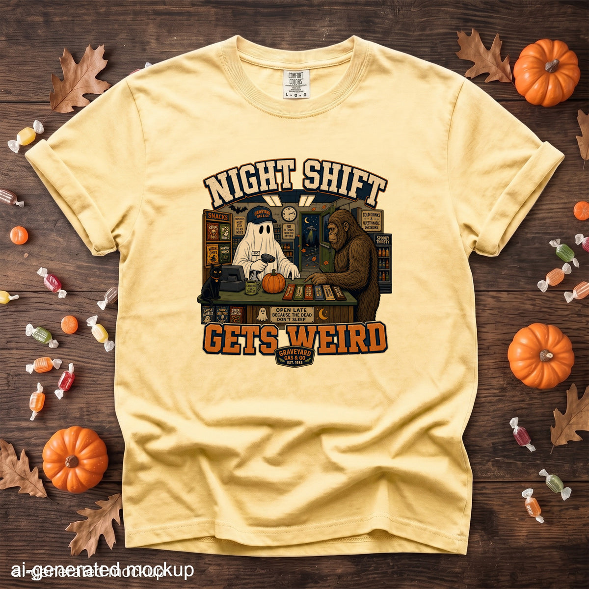Yellow t-shirt with "Night Shift Gets Weird" graphic featuring a ghost and Bigfoot.