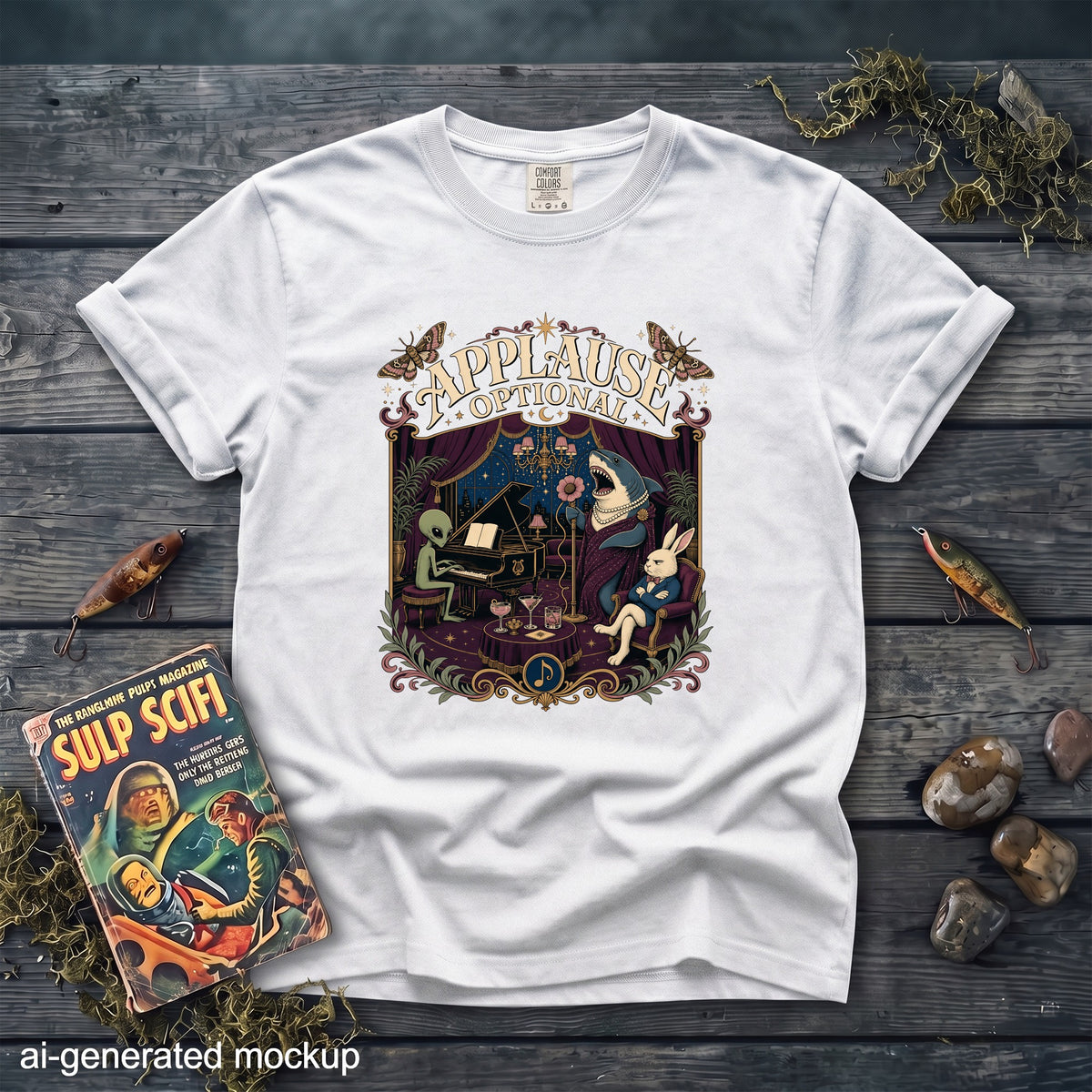 A white t-shirt features an ornate, vintage-style illustration of an alien playing piano, a singing shark, and a rabbit listening.