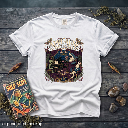 A white t-shirt features an ornate, vintage-style illustration of an alien playing piano, a singing shark, and a rabbit listening.