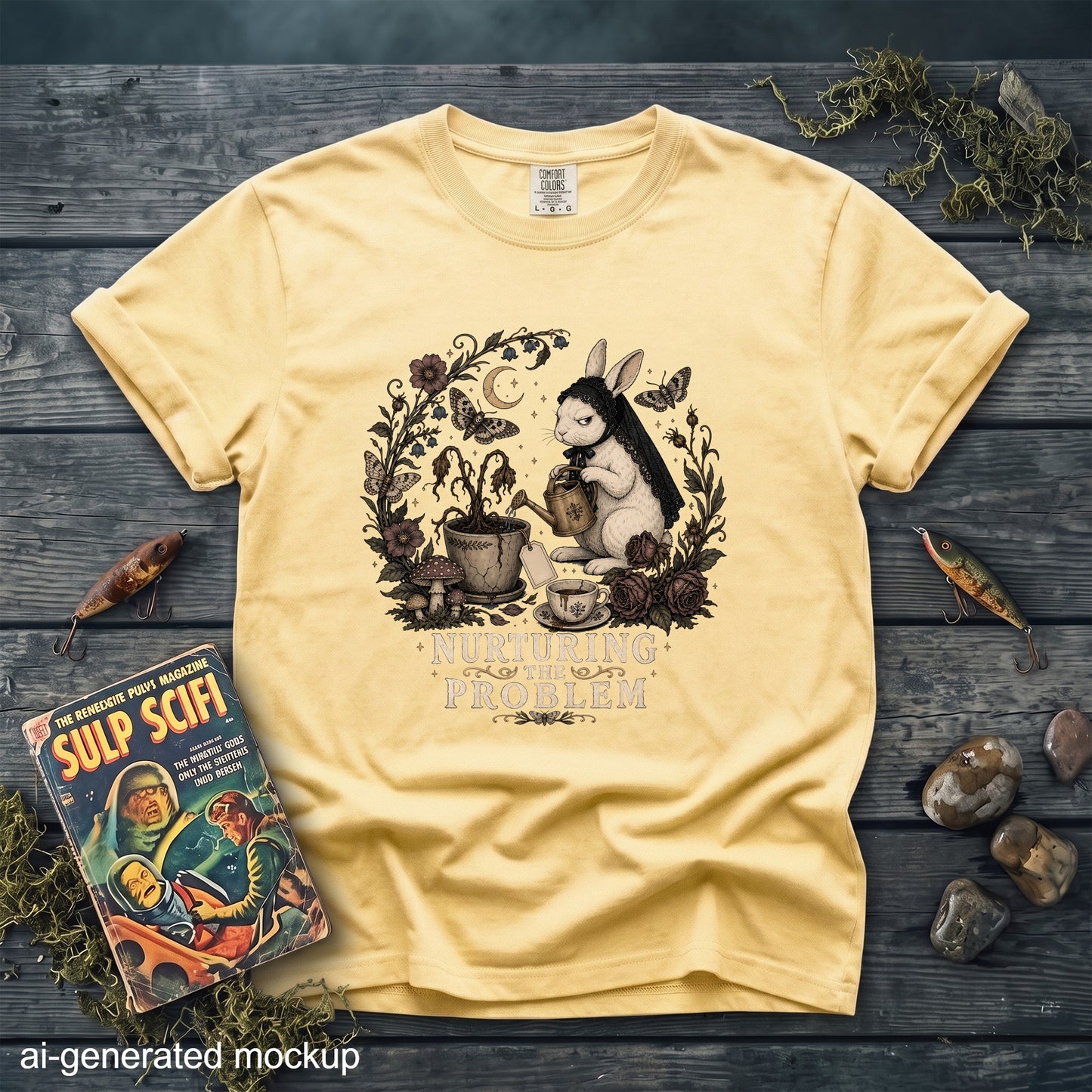 A pale yellow t-shirt featuring a gothic-style illustration of a rabbit watering a dead plant with the text nurturing the problem.