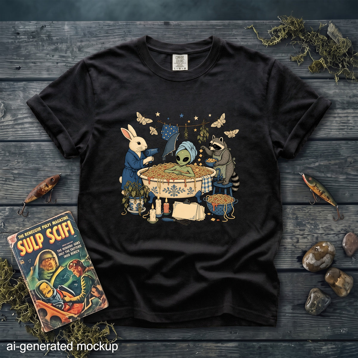 A black t-shirt featuring an alien taking a spaghetti bath while a rabbit and a raccoon assist.