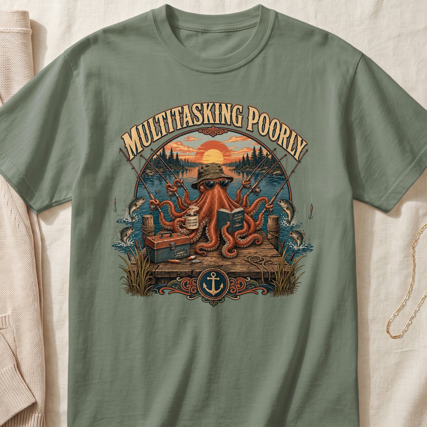 Octopus fishing on a dock with the text "MULTITASKING POORLY."