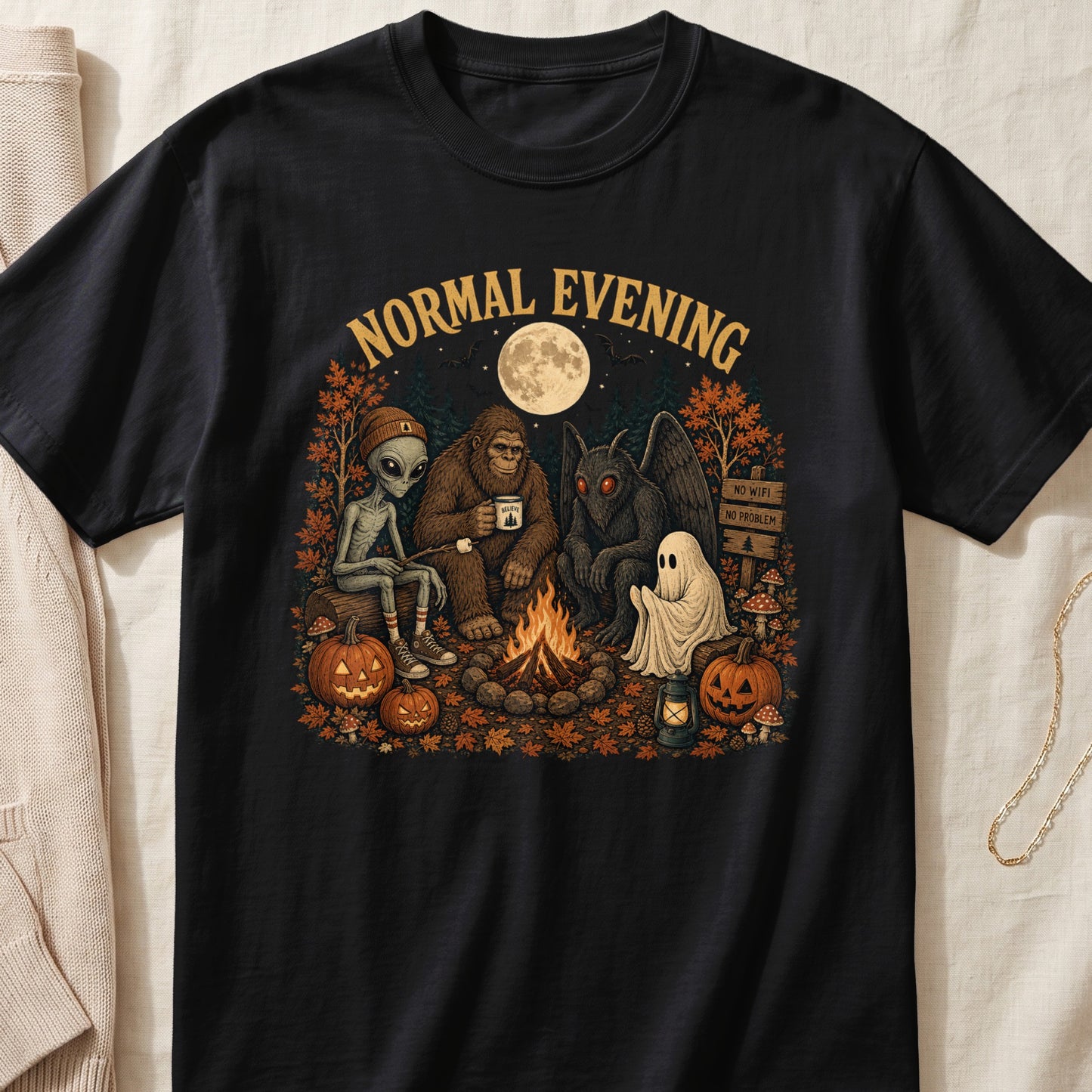 Cryptids and alien gather around a campfire with pumpkins under a full moon.