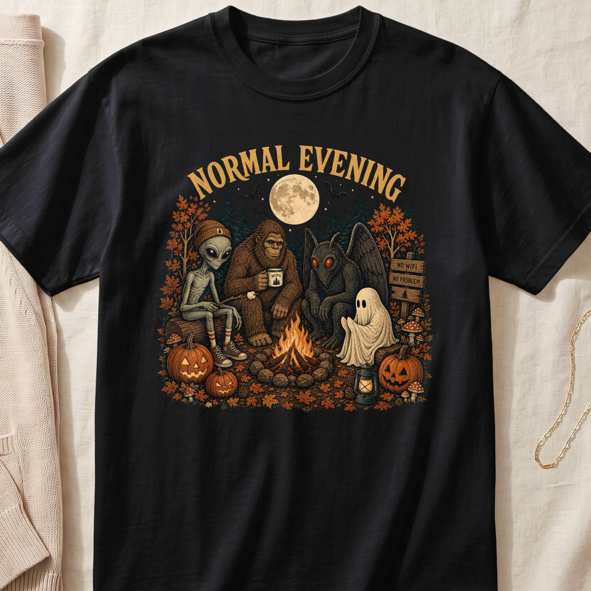 Cryptids and alien gather around a campfire with pumpkins under a full moon.