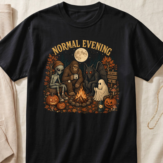 Cryptids and alien gather around a campfire with pumpkins under a full moon.