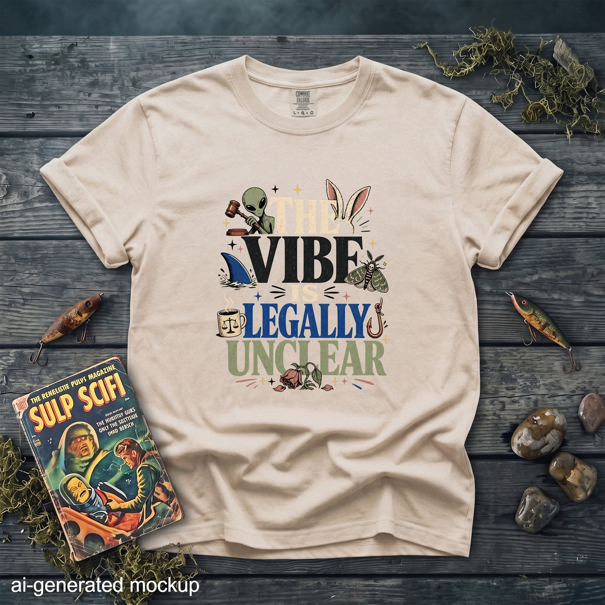 Light tan t-shirt with "The Vibe Is Legally Unclear" graphic and assorted small icons.