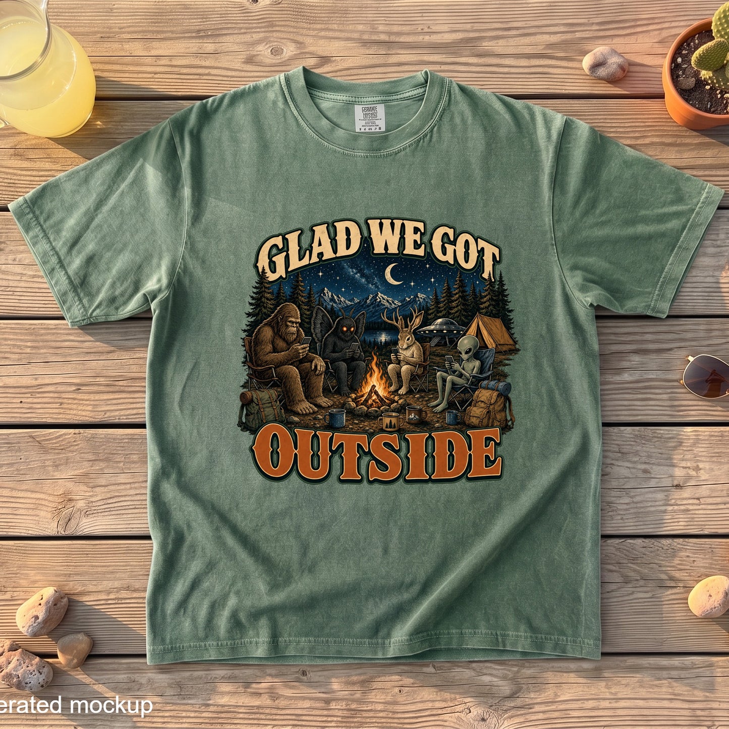 Green t-shirt with Bigfoot, mothman, rabbit, and alien camping and looking at phones.