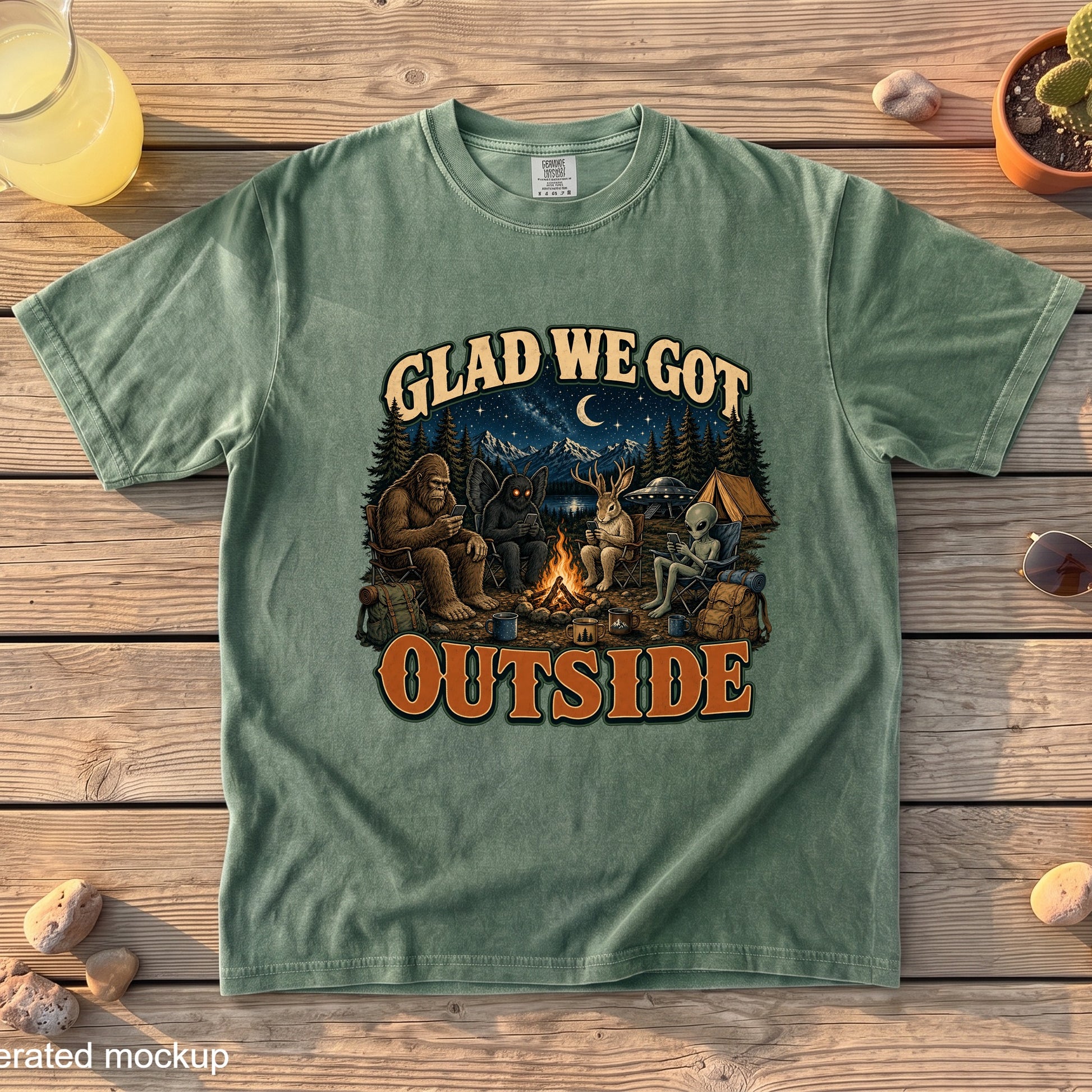 Green t-shirt with Bigfoot, mothman, rabbit, and alien camping and looking at phones.