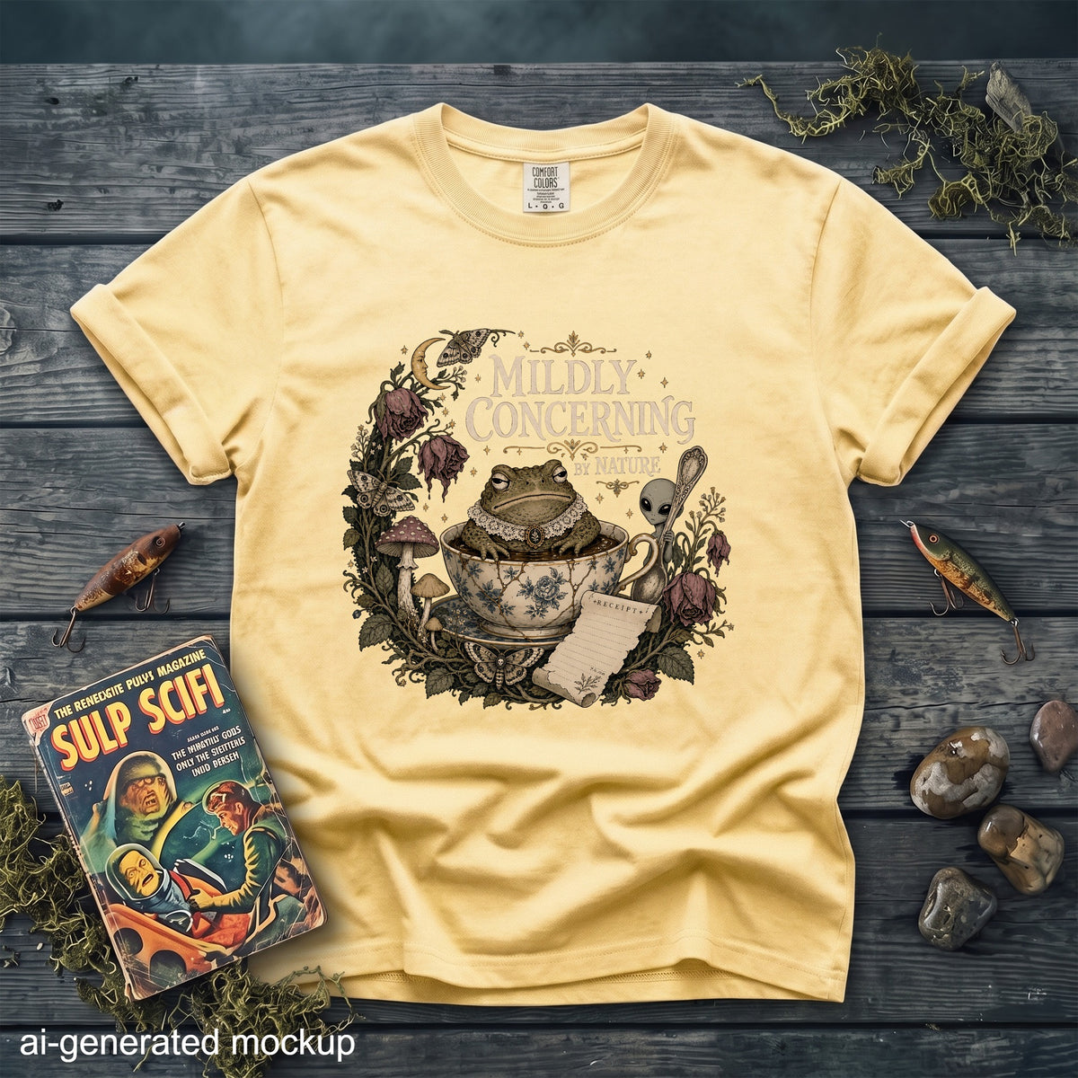 Yellow t-shirt with a graphic of a frog in a teacup and the text "Mildly Concerning By Nature".