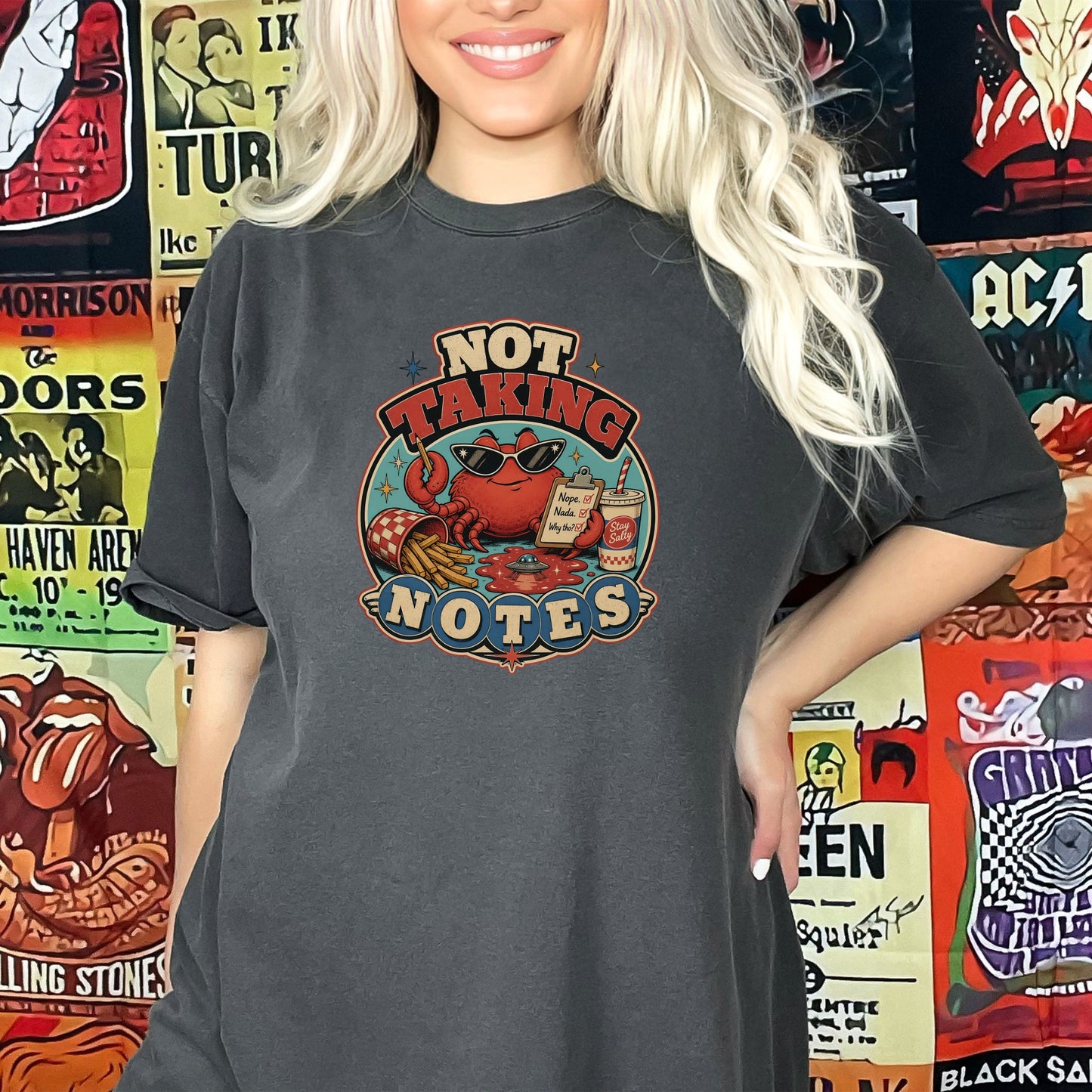 Dark t-shirt with "NOT TAKING NOTES" graphic featuring a crab, fries, and drink.