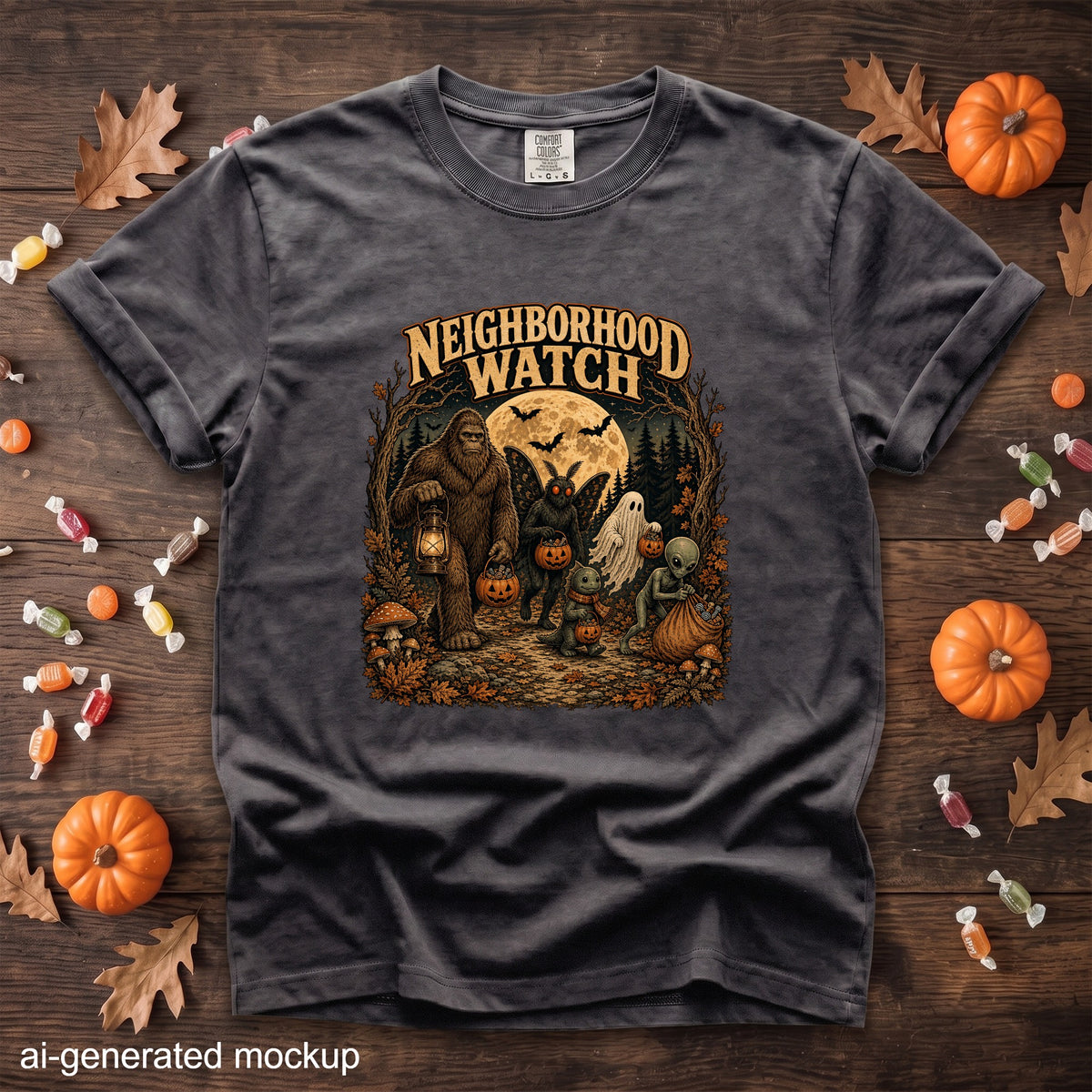 T-shirt with "Neighborhood Watch" graphic featuring Bigfoot, mothman, ghost, alien, and dragon trick-or-treating.
