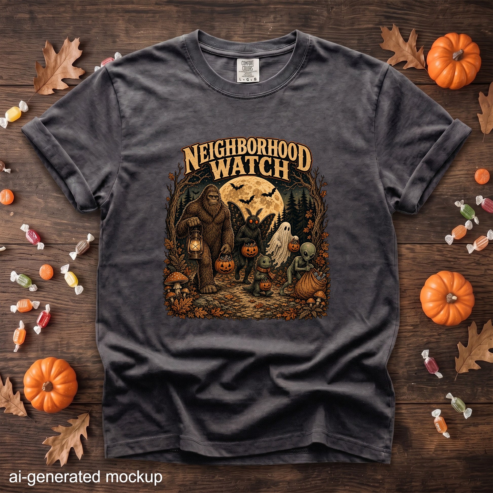 T-shirt with "Neighborhood Watch" graphic featuring Bigfoot, mothman, ghost, alien, and dragon trick-or-treating.