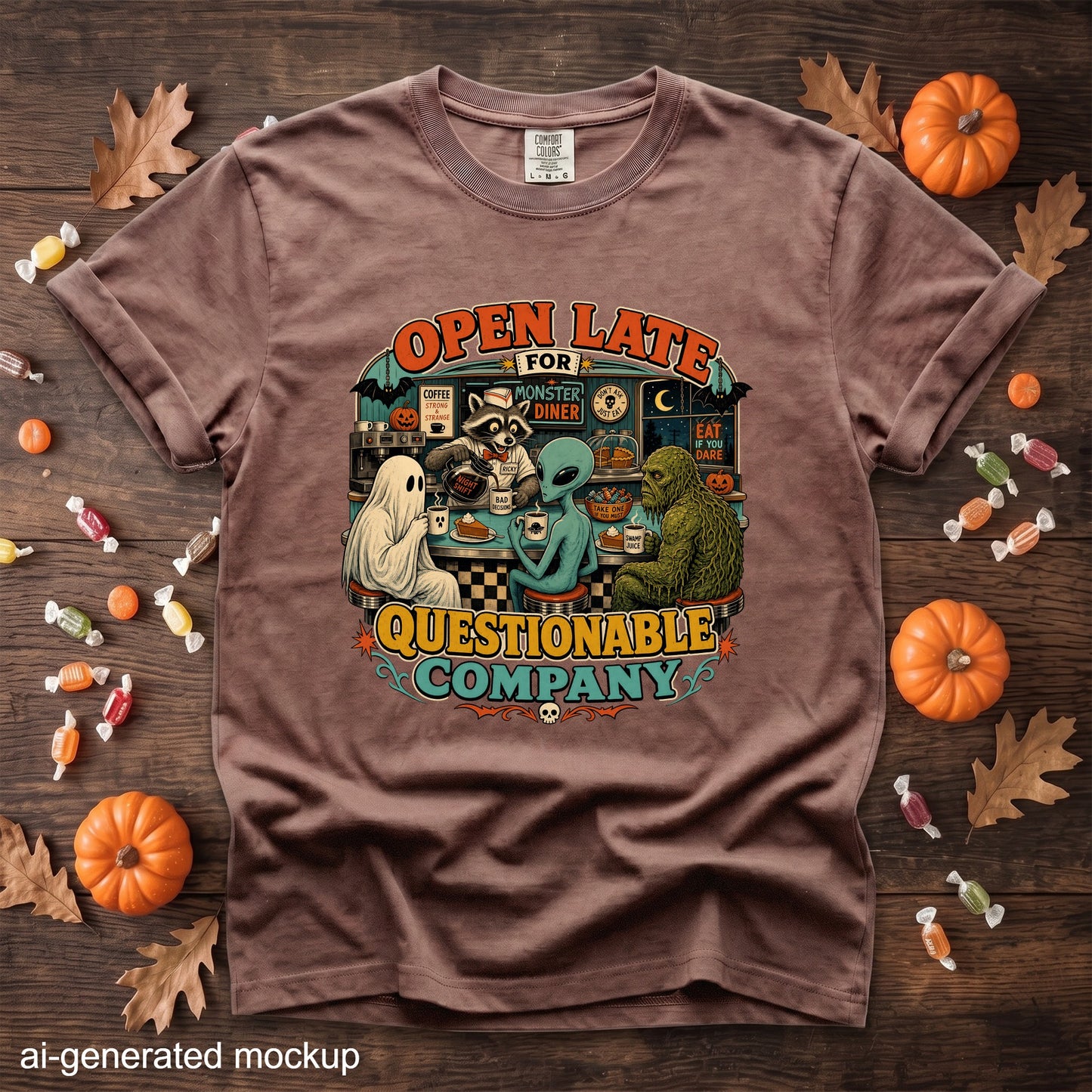 T-shirt with "Open Late for Monster Diner Questionable Company" graphic featuring monsters.