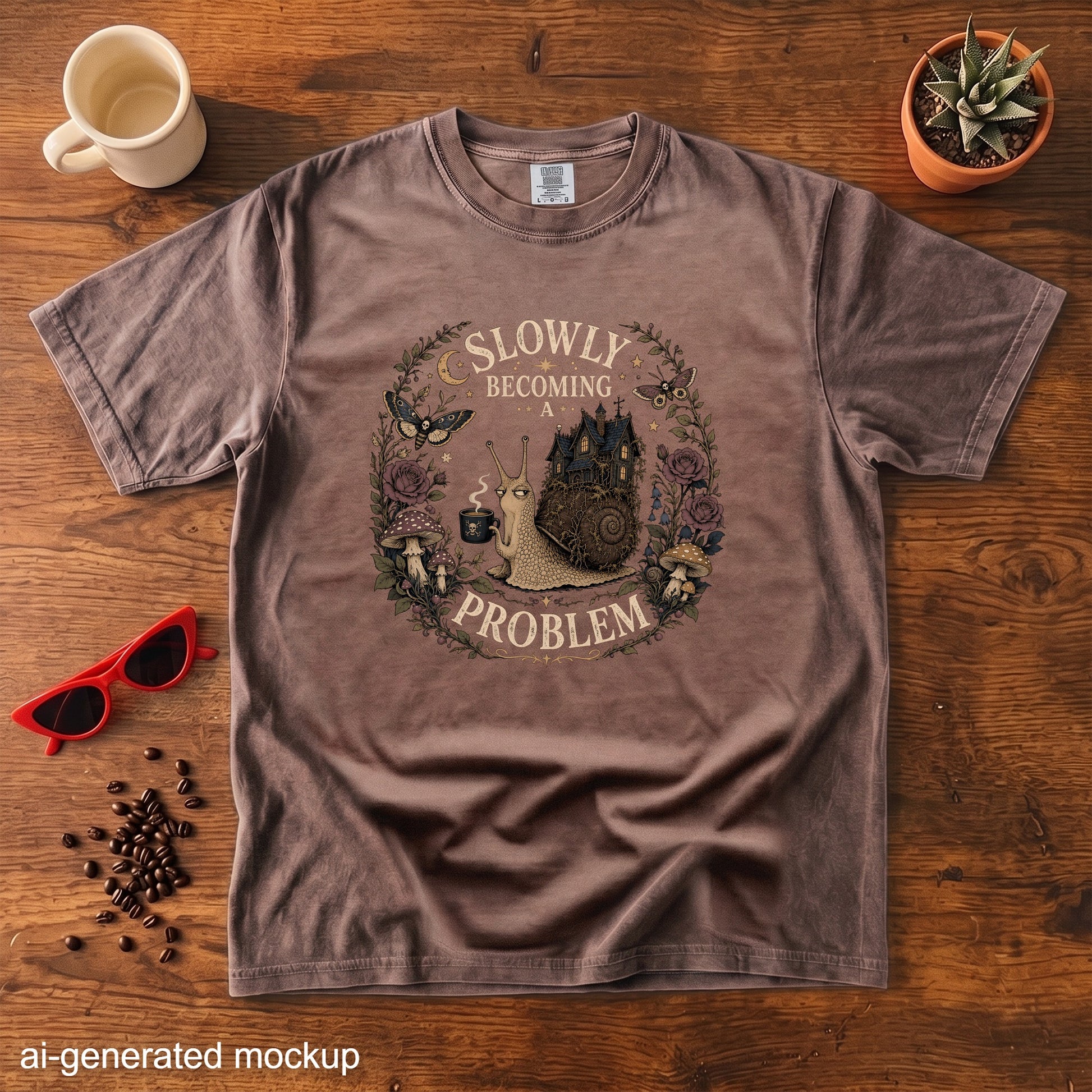 Brown t-shirt with a graphic of a snail, castle, and text "Slowly Becoming A Problem".