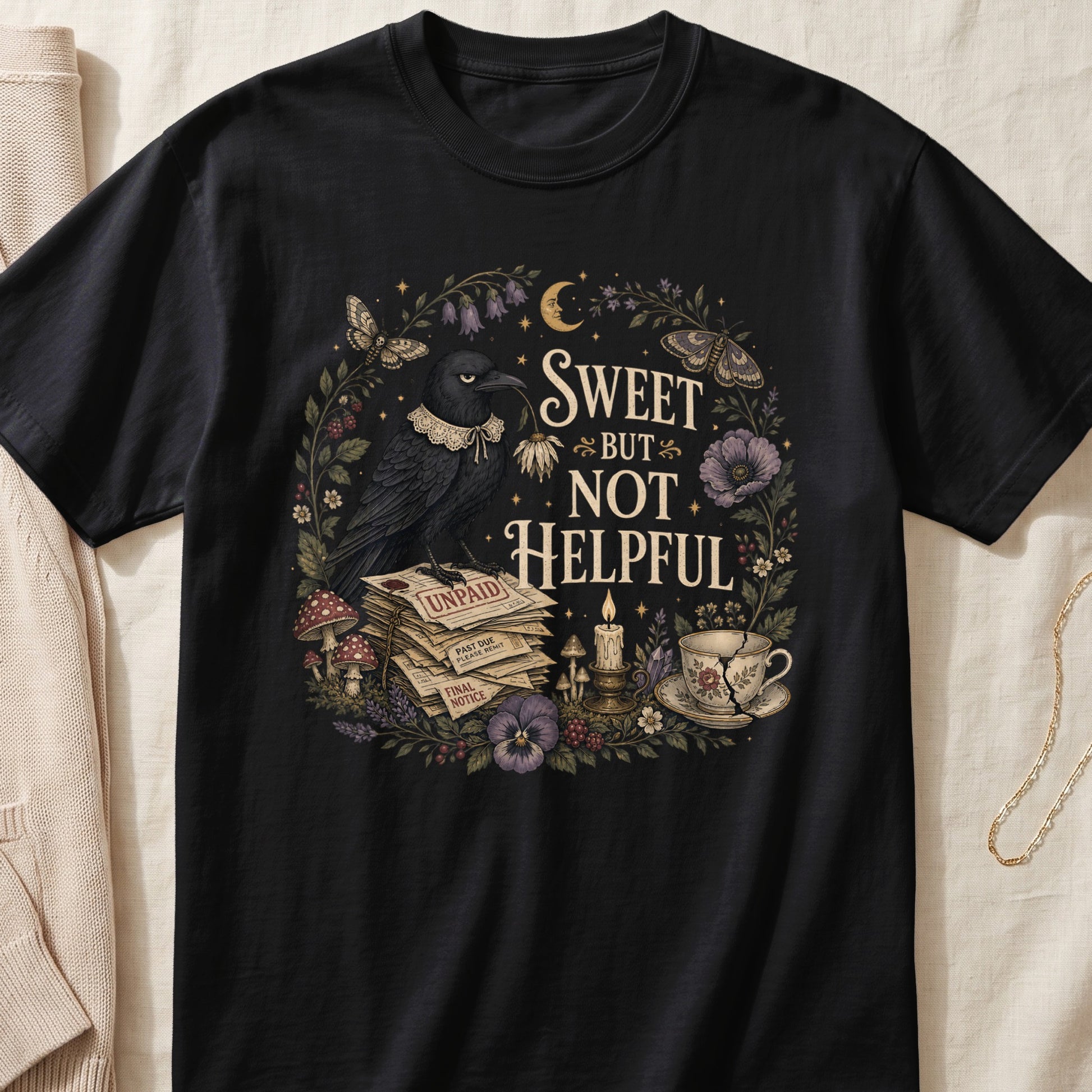 Black t-shirt with a crow on unpaid bills and text "Sweet But Not Helpful".